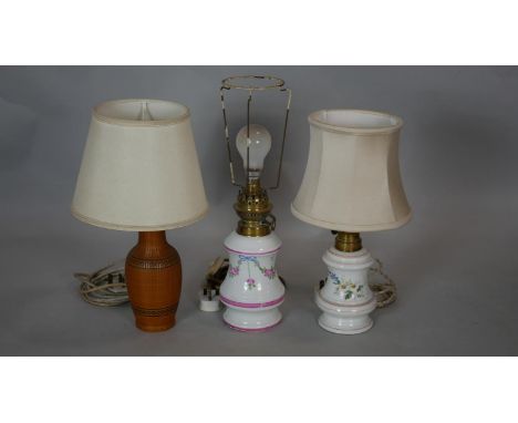 A vintage basket weave design table lamp and two others in the style of Victorian milk glass oil lamps with hand painted flor