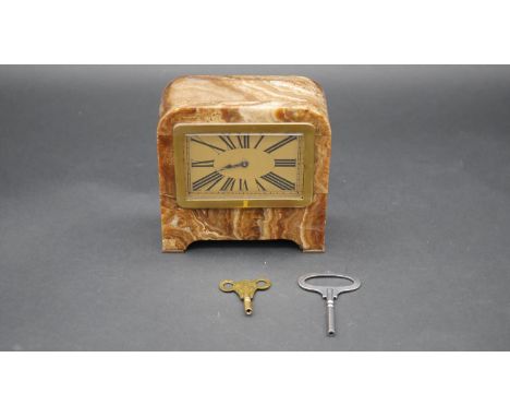 A French Art Deco mantel Charles Victor Hour "JUST" clock in marbled alabaster case with bronzed dial with Roman numerals res