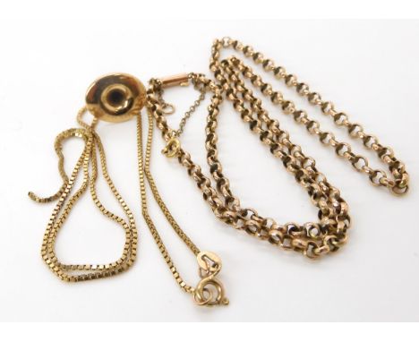 A 9ct vintage belcher chain, length 44cm, an (af) box chain and single shirt stud, weight together 8.8gms Condition Report:Av