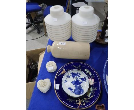 A Chinese blue and white dish, two dessert plates, two 50's glass light shades etc Condition Report:Available upon request
