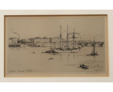 EUGENE BEJOT R.E&nbsp;La Bastide, Bordeaux, signed, etching,16 x 25cm and JOHN G MATHIESON Tummel Valley, signed, etching, 31