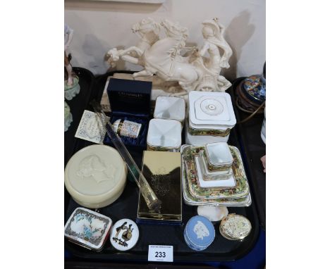 A Foley china Cube teaset decorated with coaching scenes, a boxed Crummles enamel box etc Condition Report:Not available for 