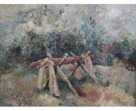 LOUISE ANNAND MBE (SCOTTISH 1915-2012) LOG BENCH IN LANDSCAPE Oil on canvas, signed lower right, dated (53) Condition Report: