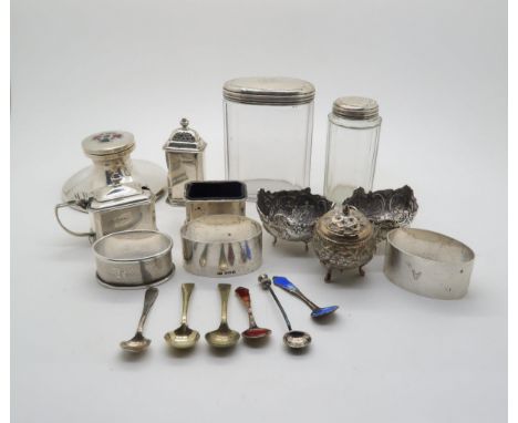 A collection of silver including a silver and agate inlaid inkwell (af) by James Fenton, Birmingham 1921, a silver and blue g