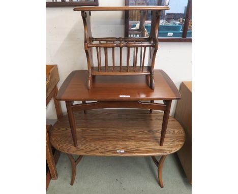 A contemporary elm and beech Ercol coffee table, stained teak G Plan coffee table and a Elm and beech Ercol magazine side tab