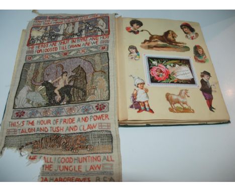 An album of vintage scraps (stuck down) and an pictorial samples, unframed and section missing, 40 x 22cm Condition Report:Av
