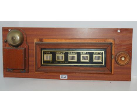 A vintage servants room indicator by Wm Lang, Gourock, 41cm wide, with bell and button push and another room indicator, 28cm 