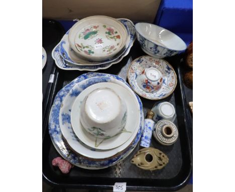 A Chinese blue and white dish decorated with rat, a blue and white painted bowl, soapstone lamp, saucers, a canton plate and 