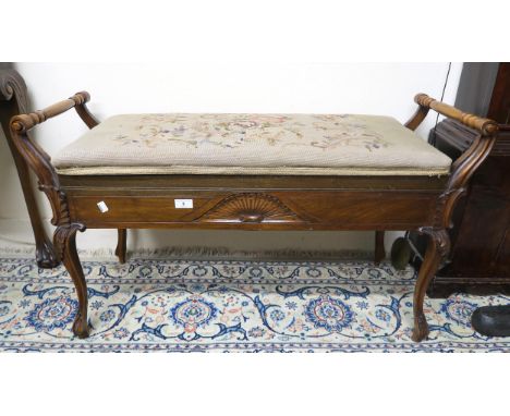 A late C19th/early C20th duet piano stool, with tapestry-upholstered lift-up top, containing a quantity of sheet music, Heigh