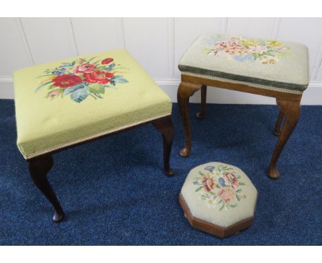 A lot of two tapestry upholstered footstools and a further tapestry upholstered button stool (3) Condition Report:Available u