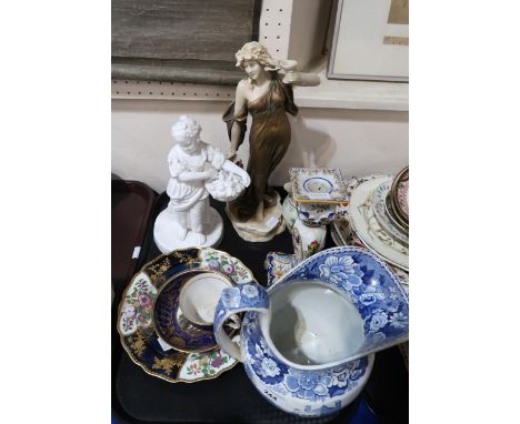 A Spode white glazed figure, a continental maiden marked Schoop, a cup and saucer painted with Brechin Church Tower and Luss 