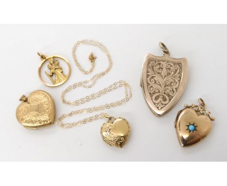Two 9ct gold heart shaped lockets, a St.Christopher and a chain, weight combined 6.6gms, together with two yellow metal vinta
