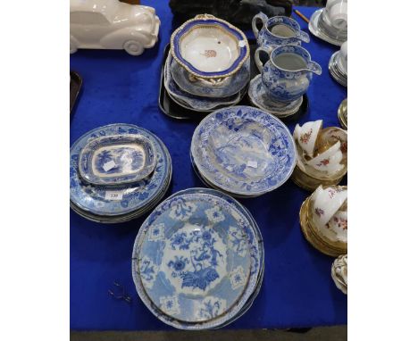 Assorted blue and white transfer printed pottery including Spode, Davenport and patterns including Melrose Abbey, Dalguise Pe