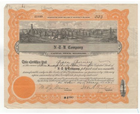 NCU Company 1925 Share Certificate for 333 shares of Capital Stock, fine vignette of oil wells (Delaware)