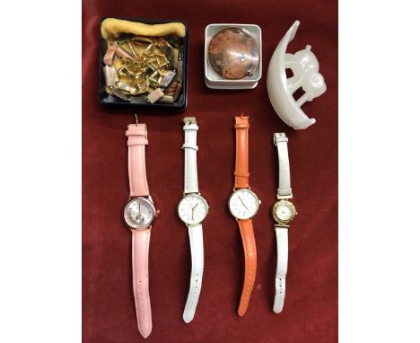 Jewellery collection including (4) wrist watches, necklaces, pendants a faux jade elephant paper weight etc. A good lot 
