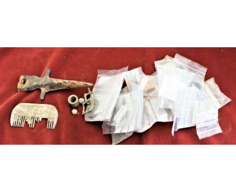 Relic's - metal detector fines-associated collection includes, flint, pottery, Spear point, comb, buckles, brooches etc. 