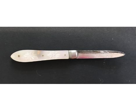 Fruit knife with mother of pearl handle, silver plate dated 1879 made by Thomas Marples. Scarce with ornate design