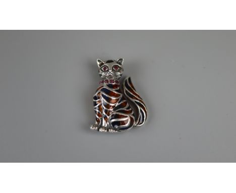 Silver and plique-de-jour enamel cat brooch/pendant 