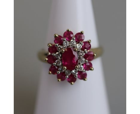 Gold ruby &amp; diamond cluster ring - Size K