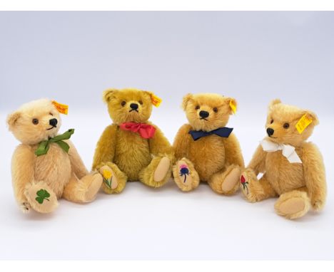 Steiff The British Isles Teddy Bears set of four: (1) Scottish Teddy Bear, golden blonde, yellow tag 661112; (2) Irish Teddy 