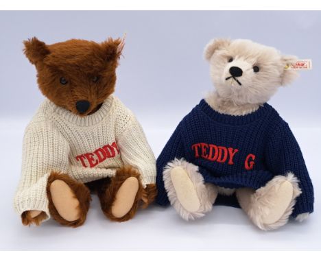 Steiff pair of teddy bears: (1) Teddy G, white tag 670282, white mohair, Excellent Plus condition, with swing label certifica