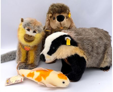 Steiff plush animals, including Sigi badger 071294, Original monkey 120053, and Joggi hedgehog 070754; plus mohair koi fish 1