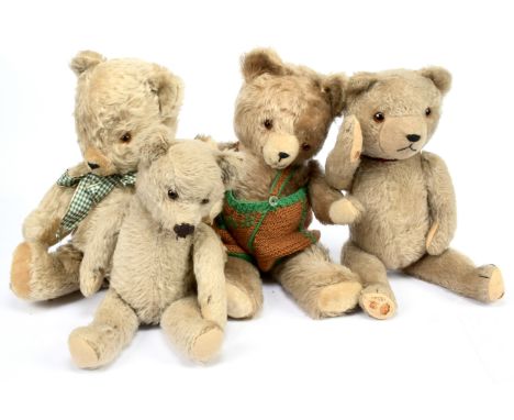 German vintage teddy bears and others x four: (1) Caramel short pile mohair, amber and black replacement glass eyes, inset mu