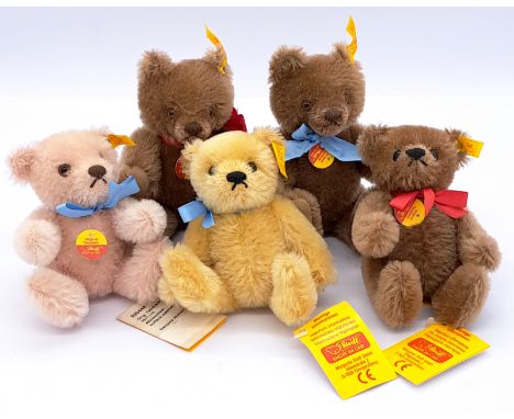 Steiff collection of five miniature mohair original teddy bears, including Original 0202/18 x 2, Original 0202/15, Original 0