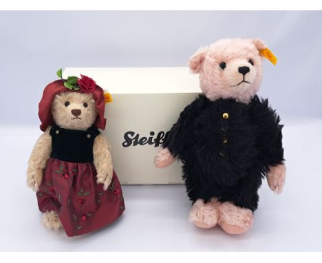 Steiff pair of teddy bears: (1) Classic bear 028304, rose and black mohair, with chest tag and swing label (detached), Excell
