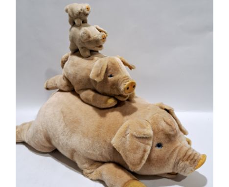 Steiff four plush pigs including Super Molly pig, yellow tag 0361/90, Molly Schwein 0360/45, Cosy Piggy 5414/18, and Suggy 15