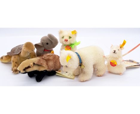 Steiff collection of modern and vintage miniature mohair animals, including Diggy Badger (1960s) 1310,00 (no button), Slo Tor