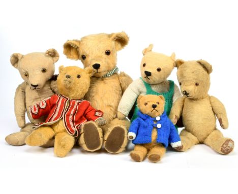 Collection of British vintage teddy bears, mohair, wool plush and others; Fair to Good Plus, tallest 25"/64cm; (6).