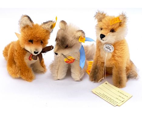Steiff miniature mohair animals: Foxes; Historic Miniatures Fuchs 033322, Fuzzy Fuchs 032424 (1311/12) and Loppy Wolf 032455 