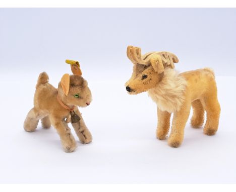 Steiff pair of vintage mohair animals: (1) Zicky Goat, EAN 631000, 1959-1967, with original button, cloth tag and bell, beige