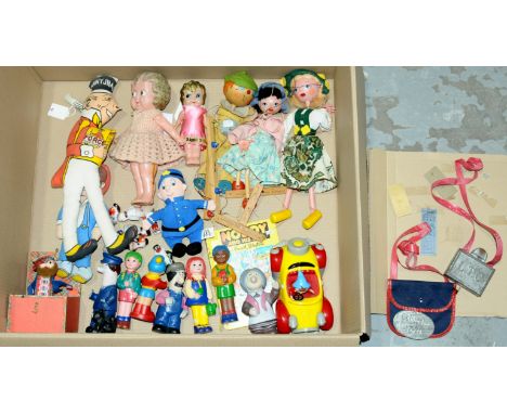 Assortment of vintage novelties and dolls, including celluloid dolls, cloth dolls- Bisto Kid and Force Cereal, children's con