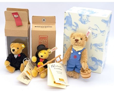 Steiff trio of boxed miniature mohair teddy bears, including: Jack 14 664342, Teddybar Brautigam (Groom) 027925, and Glucksbr