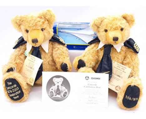 Hermann-Spielwaren Concorde 1979-2003 Celebration teddy bear x two, LE 556/1976 & 731/1976, blonde mohair, with one Corgi Cla