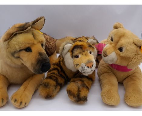 Steiff trio of plush animals: (1) Lioness, cream/white/brown plush, EAN 103032, 2003-2004, no chest/swing tags, Good to Good 