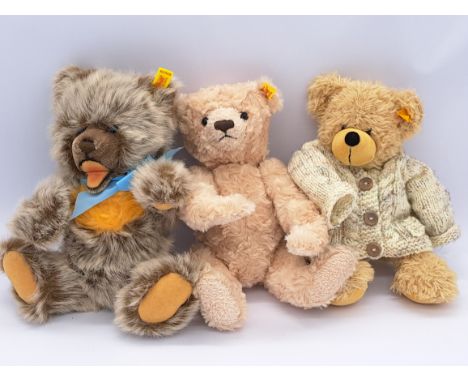 Steiff trio of bears: (1) Zotty, yellow tag 0302/30, circa 1980s, frosted brown plush, non functioning growler, chest and swi