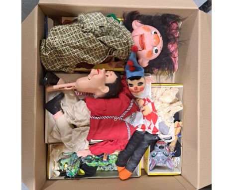 Collection of vintage puppets and ventriloquist dummies, including two Pelham Puppets, 'Jolly Jim' ventriloquist dummy (mouth