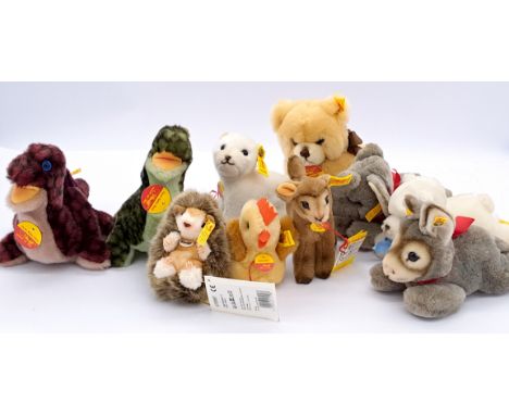Steiff collection of small plush animals x10, including 2x Cosy Baby Dino, Wizzy 1480/12, and others. Good to Excellent, larg