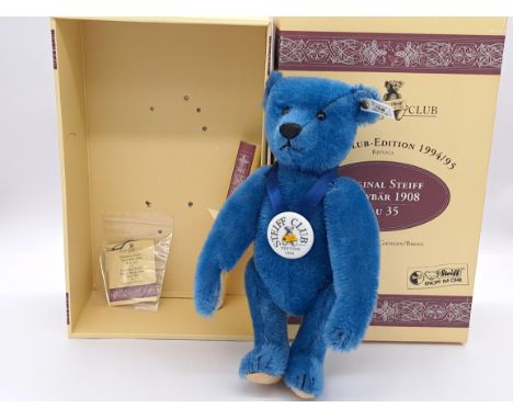 Original Club Edition teddy bear, 1908 Blue 35 replica, white tag 420047, LE 1994-1995, certificate, ceramic medallion, worki