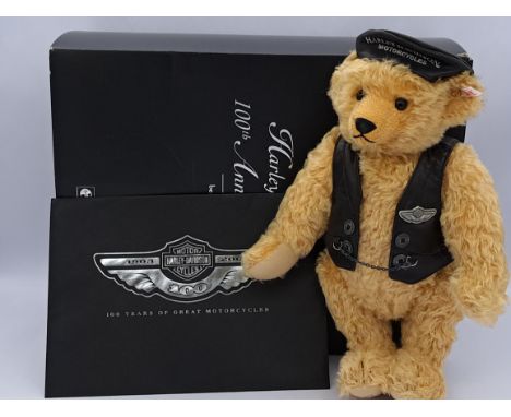 Steiff Harley-Davidson 100th Anniversary Bear, white tag 666476, LE 5000, golden mohair, includes swing label (detached) and 