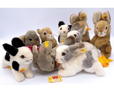 Steiff collection of plush rabbits, including Dormili, Spotili, Snuffi, and others. Good Plus to Excellent.