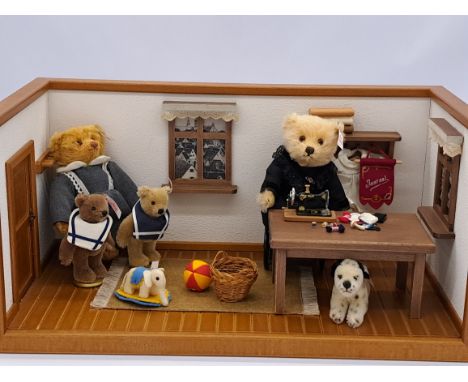 Steiff Margarete Workshop Diorama, EAN 420993, LE 395/1000, including 4 mohair bears, 1 mohair dalmatian and 1 felt elephant,