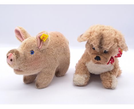 Steiff pair of vintage animals: (1) Cosy Peky, EAN 5070/20, produced from 1968-1978, acrylic fibre, with damaged and illegibl