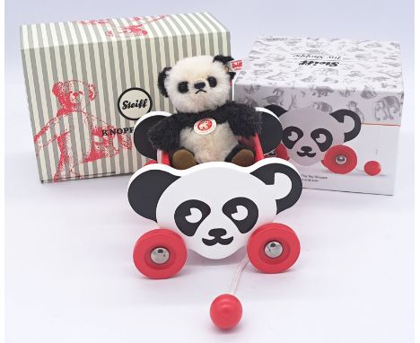 Steiff Panda Cart Pull and Mochi miniature panda set, white tag 683510, alpaca, with swing label and chest tag, certificate, 