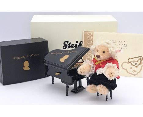 Steiff Wolfgang A. Mozart with miniature wooden music box piano (repaired, working), white tag 657108, LE 1500, 2006, Excelle