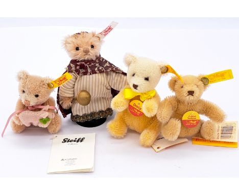 Steiff collection of four miniature mohair teddy bears, including Melchior ornament 034138, with certificate, Good Plus box, 
