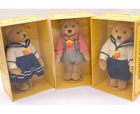 Steiff trio of teddy bears: Sailor Boy, 1986-89, yellow tag 0280/28, chest tag, Excellent Plus in Fair Plus window display bo